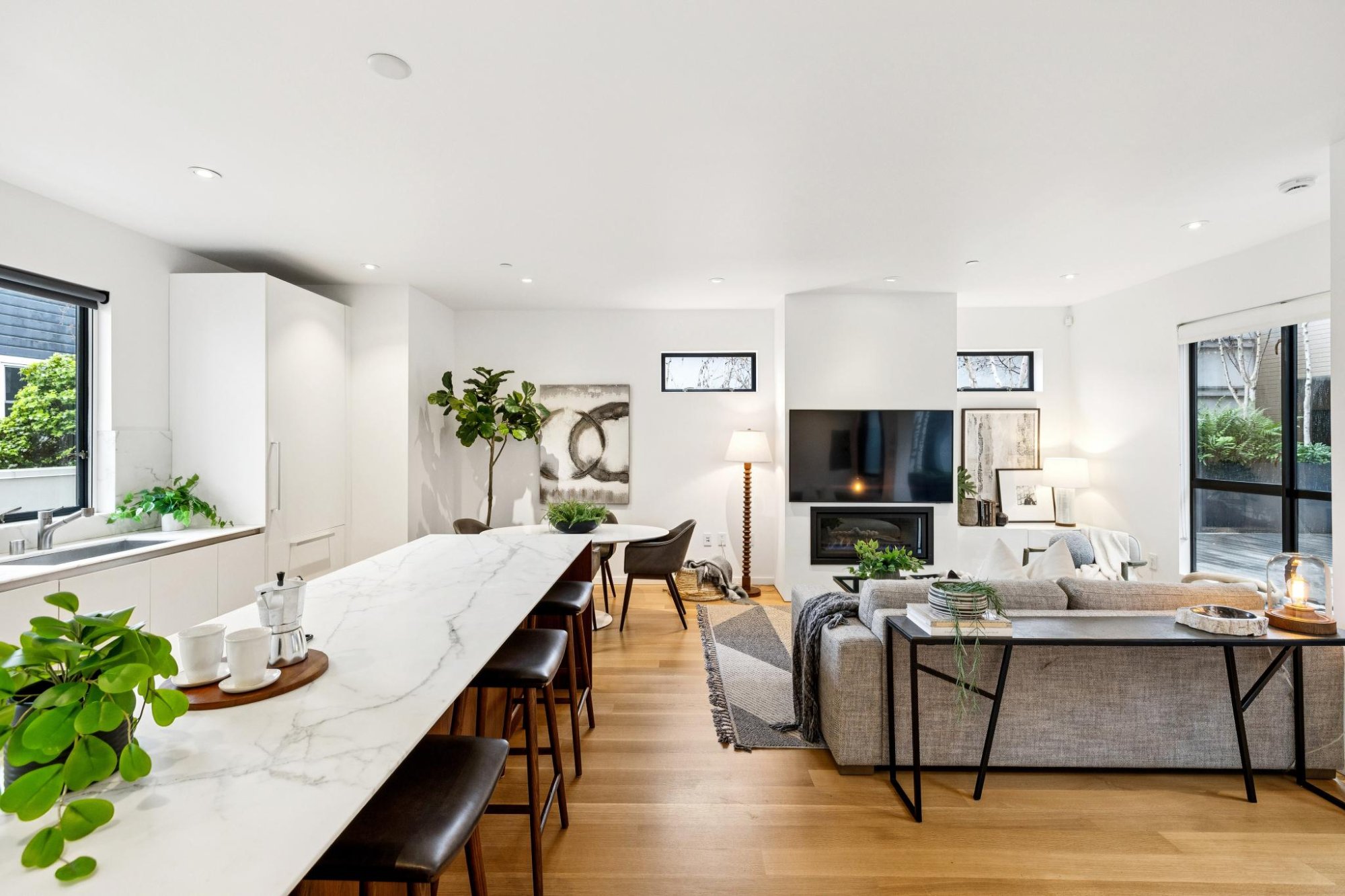 Open living, dining, and kitchen